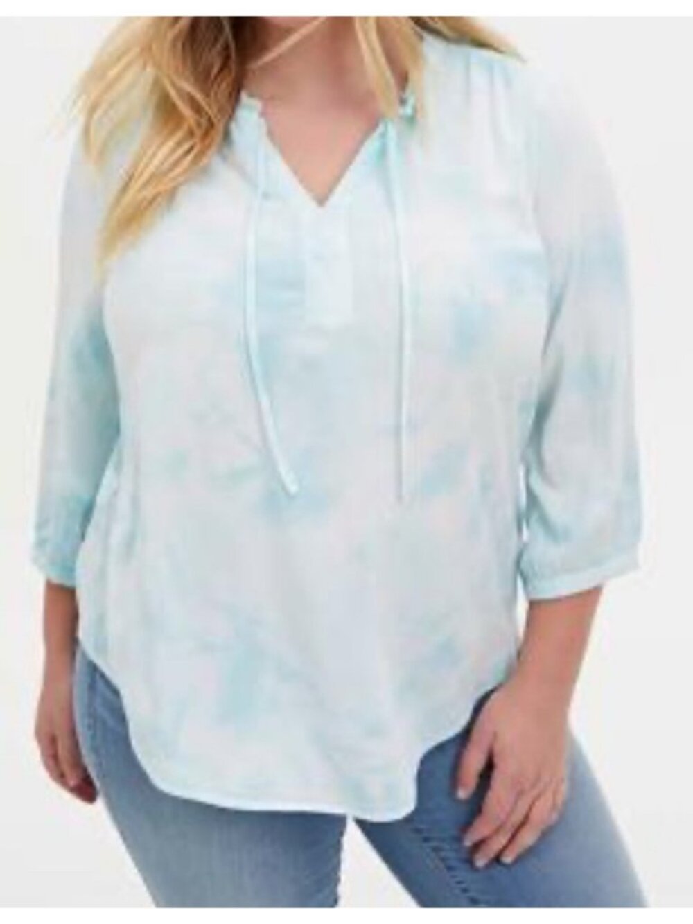 Torrid Aqua Tie-Dye Tie Front Twill Peasant Blouse Size 1